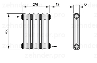 Схема (чертеж) Радиатор Zehnder Charleston 2045/6 №1670 Белый глянцевый RAL 9016